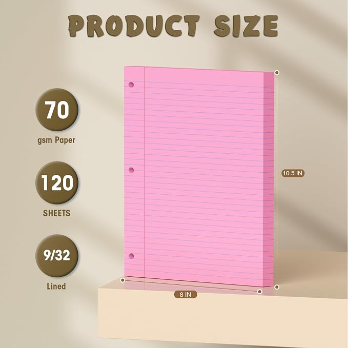 120 Sheets Pink 8x10.5 Inch Loose Leaf Paper, College Ruled Filler Paper, 3 Hole Punched Notebook Paper for 3 Ring Binder, Premium Notebooks Paper for Students & Teachers, Office & School Supplies