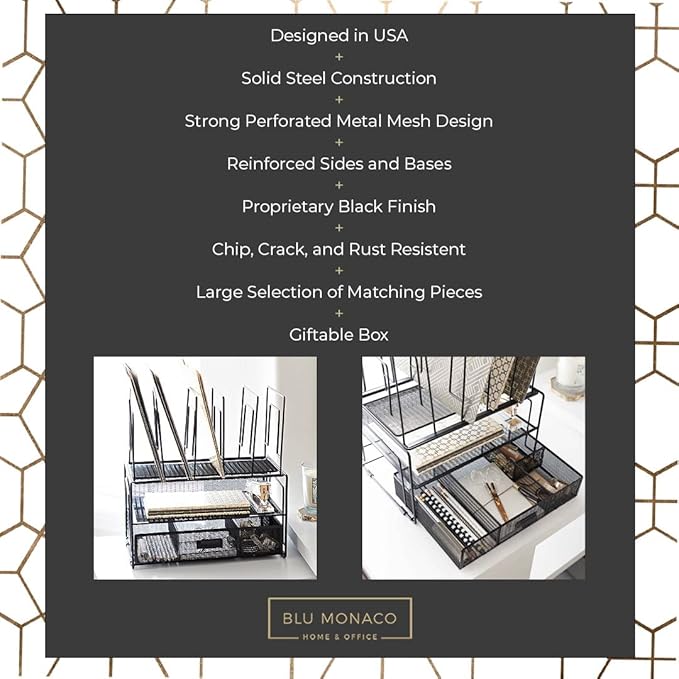 BLU MONACO | Black Wire Mesh Desk Organizer with Drawer | Desk Associates Women Office Set | File Sorters and Mesh Pen Holders Desktop Storage System