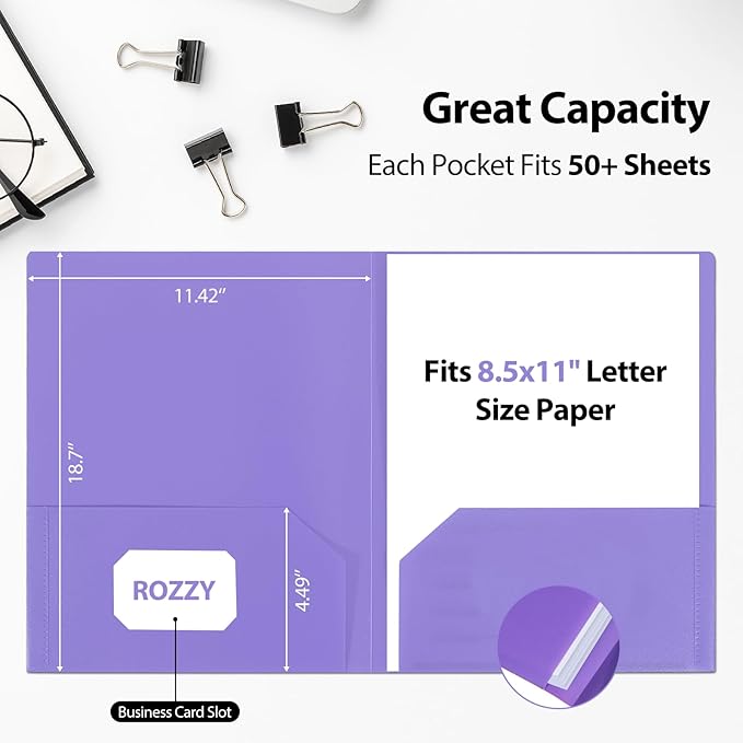 Plastic Folders with Pockets, 2 Pocket, Letter Size | 8.5x11 Paper, Business Card Slot, Black to School Supplies, For Kids / Students / Teachers, Office Organization