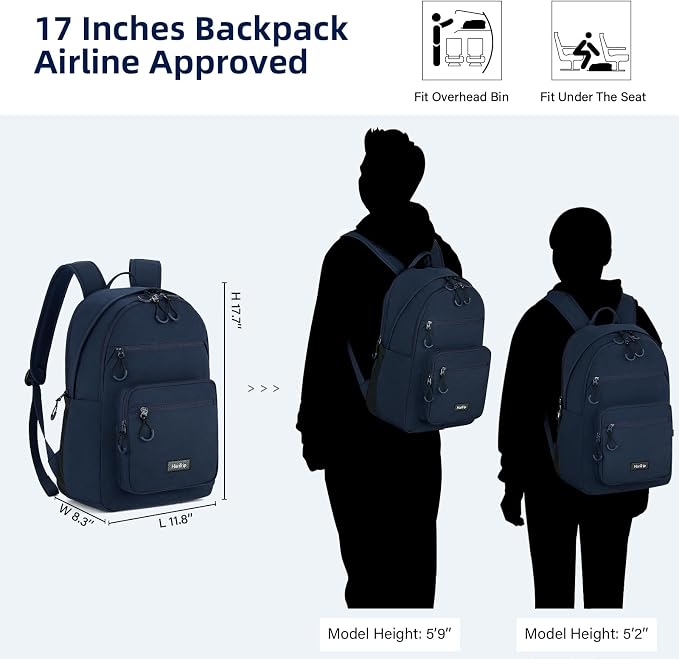 HanTrip 18 Inch Carry on Travel Backpack with Lots of Pockets, Navy Blue | 15.6 Inch Laptop Sleeve, Luggage Strap, Water Bottle Pocket, 28 Liters, Lightweight, Water Resistant, 18x14x8 Medium Bookbag