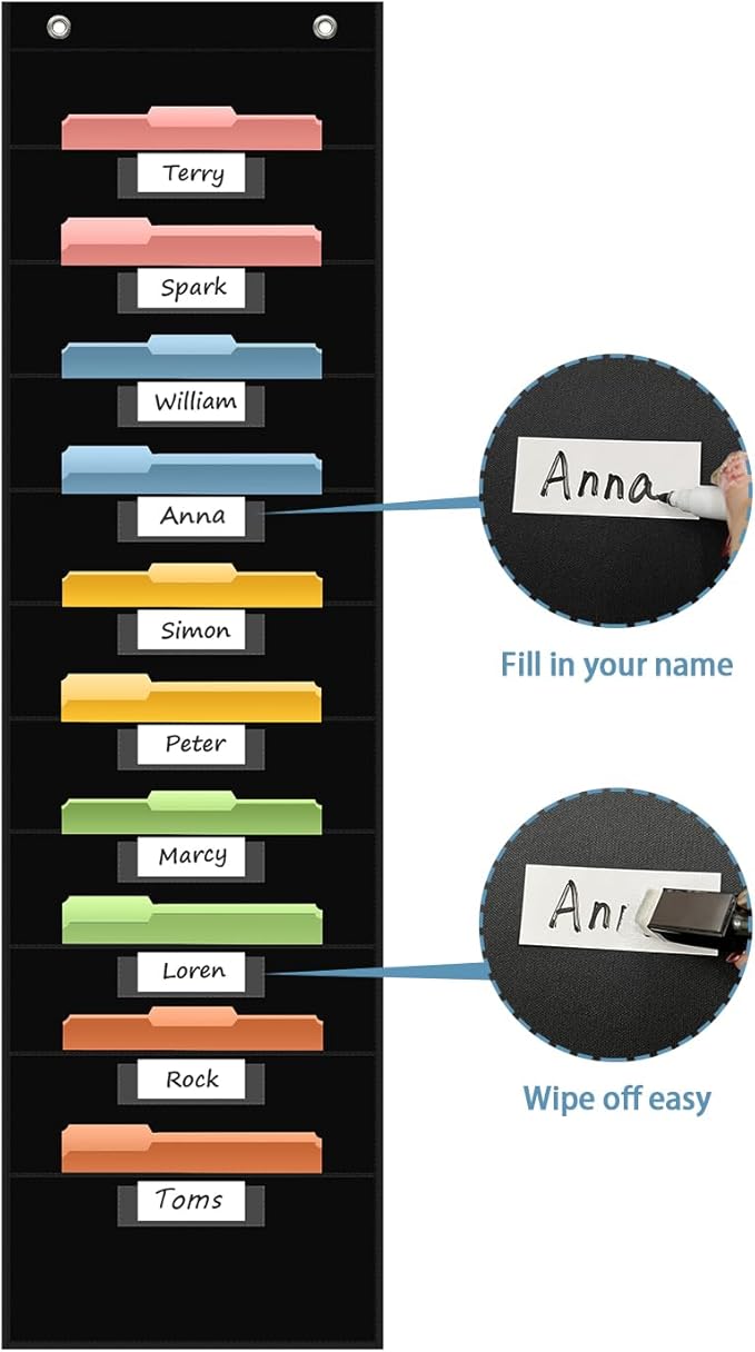 ANCOMEDO 10 Pocket Hanging Wall File Organizer with 10 Nametag Pockets, File Pocket Chart for Classroom and Office. Perfectly Stores Assignments, Files, Scrapbooks, and Documents.
