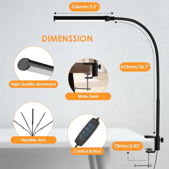 ShineTech LED Desk Lamp with Clamp, Clip On Desk Lamp for Home Office, 3000K Warm White & 11 Brightness Level, Flexible Gooseneck Architect Desk Light, Eye Caring Reading Lamp with USB Adapter