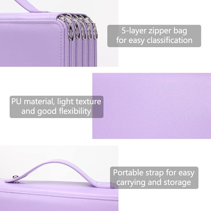 Vomgomfom 252 Slots Pencil Bag, 5-Layer Zipper Art Supply Organizer, PU Leather Portable Colored Pencil Case with Handle for 252 Watercolor Pens, Gel Pens (Purple)