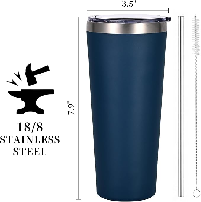 NESTALLY Coast 20oz Stainless Steel Tumbler, Extra Capacity Holds Up to 22oz, Double Wall Vacuum Insulated Travel Coffee Mug with Lid & Metal Straw, Leakproof Reusable Cup for Travel (Navy Blue)