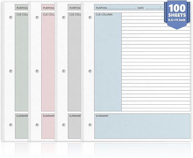 100 Sheet Colored Cornell Notes Loose Leaf Paper 8.5×11 Inch for 3 Ring Binder Letter Size Taking System Filler Paper College Ruled Notebook Paper Bulk for School Office Business Home 80gsm