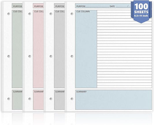 100 Sheet Colored Cornell Notes Loose Leaf Paper 8.5×11 Inch for 3 Ring Binder Letter Size Taking System Filler Paper College Ruled Notebook Paper Bulk for School Office Business Home 80gsm