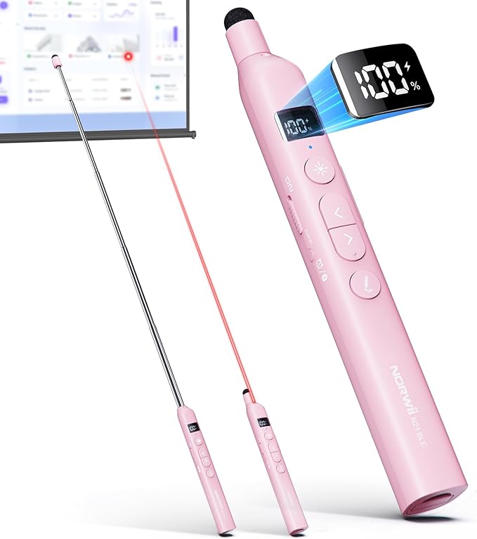 Norwii N21 Bluetooth Presentation Clicker with Telescopic Teaching Pointer, Presentation Remote with Retractable Stick for PowerPiont, Wireless Presenter, Slide Advancer - Pink