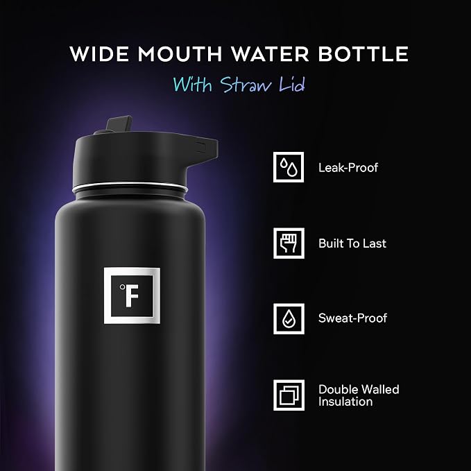 IRON °FLASK 40 oz Wide Mouth Water Bottle with 3 Lids | Insulated Stainless Steel Sports Water Bottle with 3 Leakproof Lids - BPA Free, Cold 24 Hrs, Sweat Free (Cobalt)