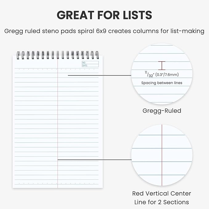 Steno Pads Spiral 6x9 12 Pack | Steno Notebooks Top Spiral Notepad | Steno Notepad 50 Sheets Each | Gregg Ruled Spirals Notebook 6x9 | Notebooks for Work.