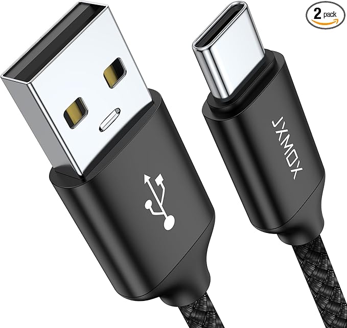 JXMOX USB Type C Cable (6.6ft 2-Pack), USB-A to USB C 3A Fast Charging Cord Compatible with iPhone 15 16 Pro Max, Samsung Galaxy S22 S21 S20 Ultra S10 S9 S8,Note 10 9 8 A80 A70, USB C Charger (Black)