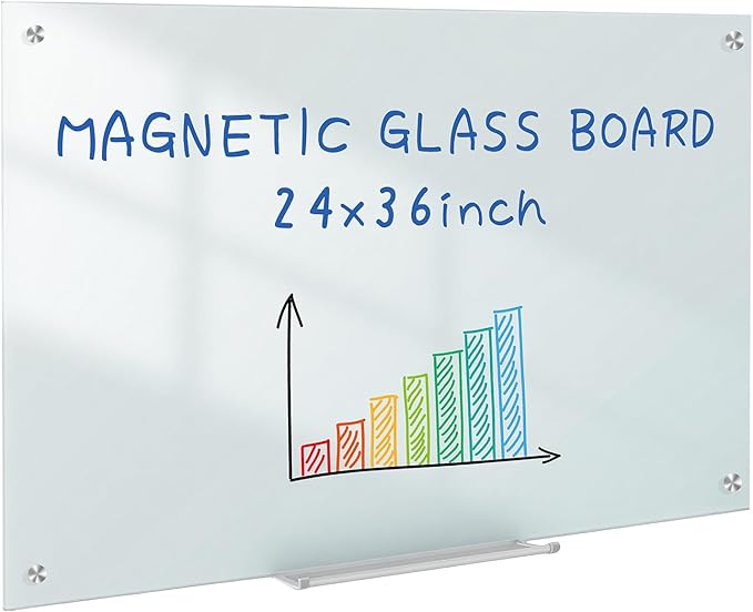 Magnetic Glass Dry Erase Board 36x24 Inch, Frameless Tempered Glass Whiteboard, Wall Mounted White Writing Board for Multiple Uses