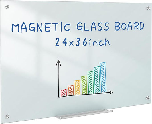 Magnetic Glass Dry Erase Board 36x24 Inch, Frameless Tempered Glass Whiteboard, Wall Mounted White Writing Board for Multiple Uses