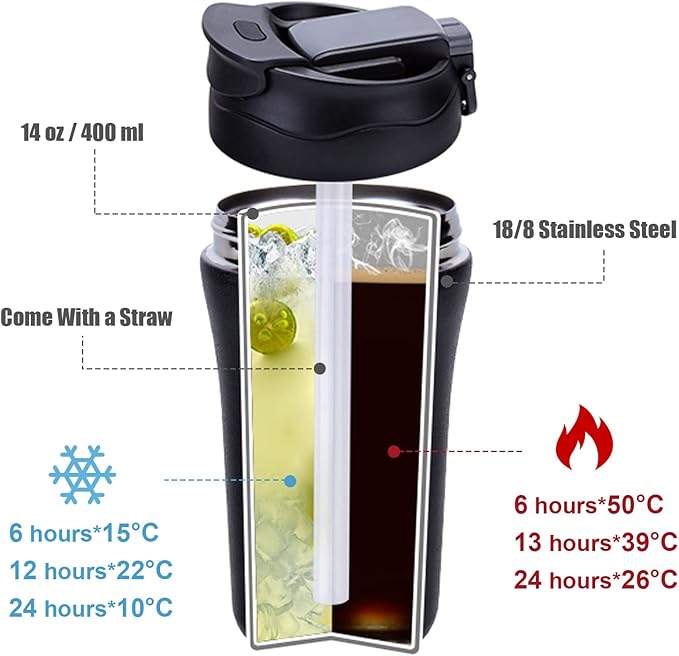 14 oz Travel Coffee Mug, 2 Pack Vacuum Insulated Coffee Travel Mug Spill Proof with Lid and Straw, Stainless Steel Reusable Coffee Tumbler for Hot and Cold Drinks, Gift for Men and Women(Black White)