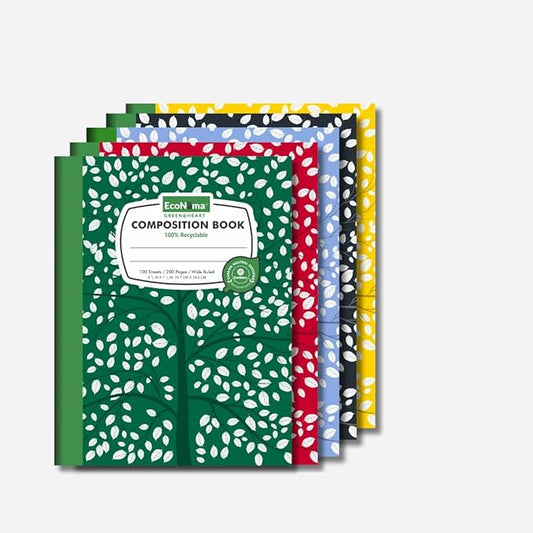 Composition Notebooks Pack of 5 Wide Ruled 200 Pages (100 Sheets) 9.75"x7.5" Carbon Neutral Recyclable Paper Eco-Friendly School & Office Supplies For Students and Professionals Assorted Color