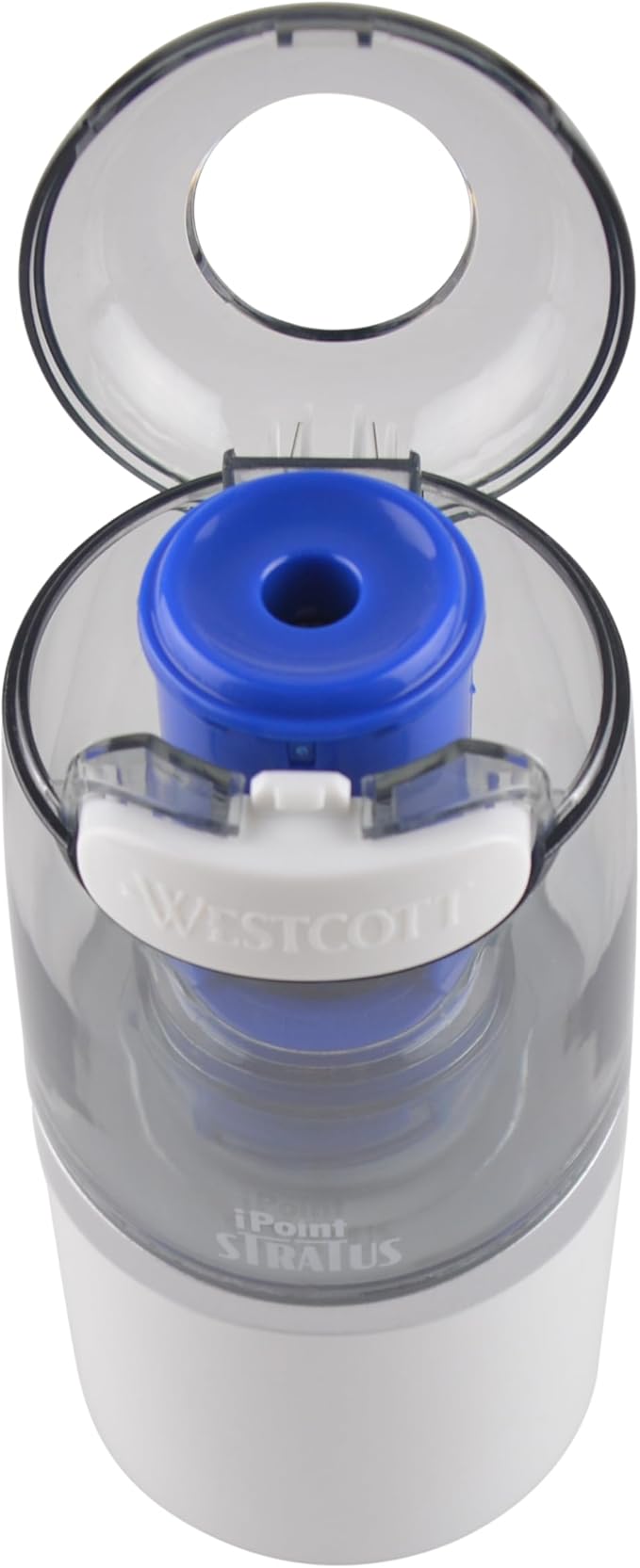 Westcott 17794 iPoint Stratus Battery Pencil Sharpener with Titanium-Bonded Blades and Pop-Top Canister for School, Office, and Home, Assorted Colors