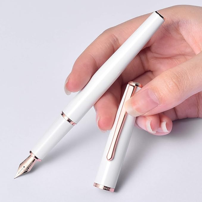 HongDian 920 White Metal Fountain Pen, Gold Plated Fine Point and Trim Classic Pen with Ink Converter, Smooth Writing Pen