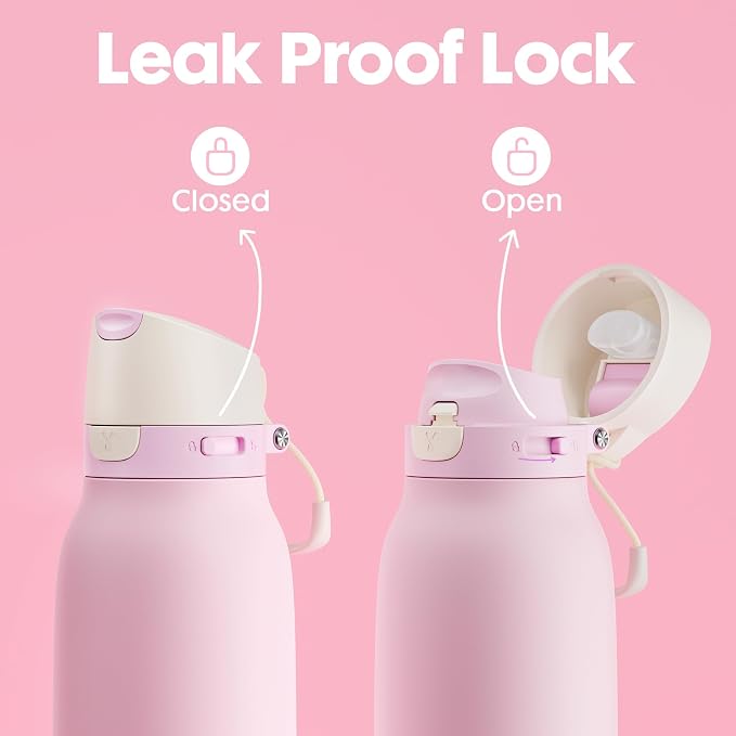 Meoky 24 oz Stainless Steel Slim Water Bottle: 2-in-1 Locking Lid, Blush | Leak Proof, Straw and Spout, 24 Hours Cold, Top Handle, Fits in Car Cup Holder, Insulated Water Bottle for Backpack