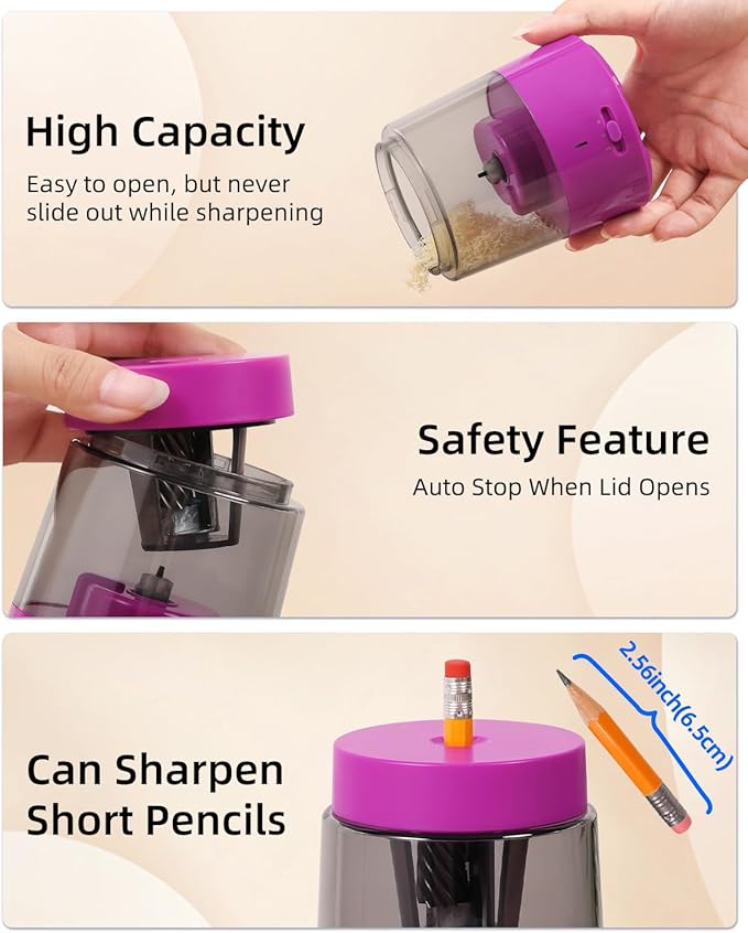 ZMOL Electric Rechargeable Pencil Sharpener, Automatic Colored Pencil Sharpener for Kids, Battery Pencil Sharpeners for Colored Pencils, Auto Stop, Suitable for No.2(6-8mm), Classroom Home Pink