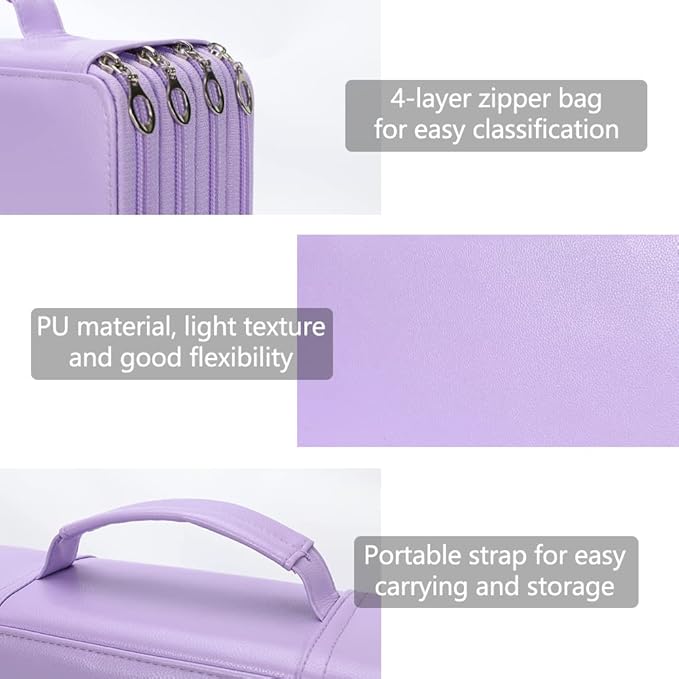 Vomgomfom 300 Slots Marker Bag, 4-Layer Zipper Portable Art Supply Organizer, PU Leather Large Capacity Marker Case Holds 100 Markers or 300 Colored Pencils with Handle (Purple)