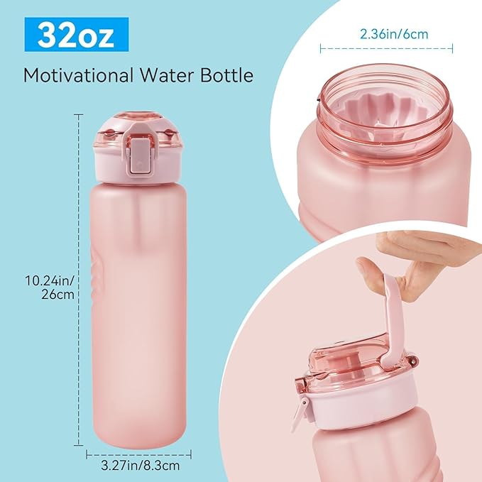 Kerilyn 32oz Water Bottle, Leakproof Sports Water Bottle, BPA Free Plastic Water Bottle No Straw, Reusable Water Bottle with Handle, Fruit Infuser for Gym Fitness, Camping, Outdoor, Pink