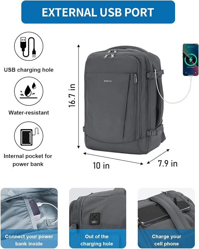 ECOHUB 17'' Travel Backpack, Personal Item Backpack with 13 Pockets, Flight Approved Carry on Backpack with USB Port & Luggage Sleeve, Travel bag for Men & Women, Water Resistant Backpack, Grey | 16.7"x10"x8" Small Backpack with 13 Pockets Water Resist...