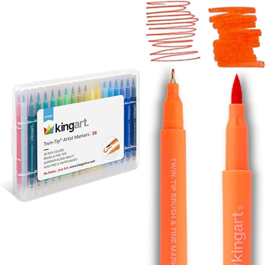 KINGART Dual Tip Brush Markers Art Pen Set, Artist Fine and Brush Tip Colored Pens, for Drawing, Lettering Calligraphy Journaling, Bible, Crafts, Set of 36 Bright Colors in Travel Storage Case