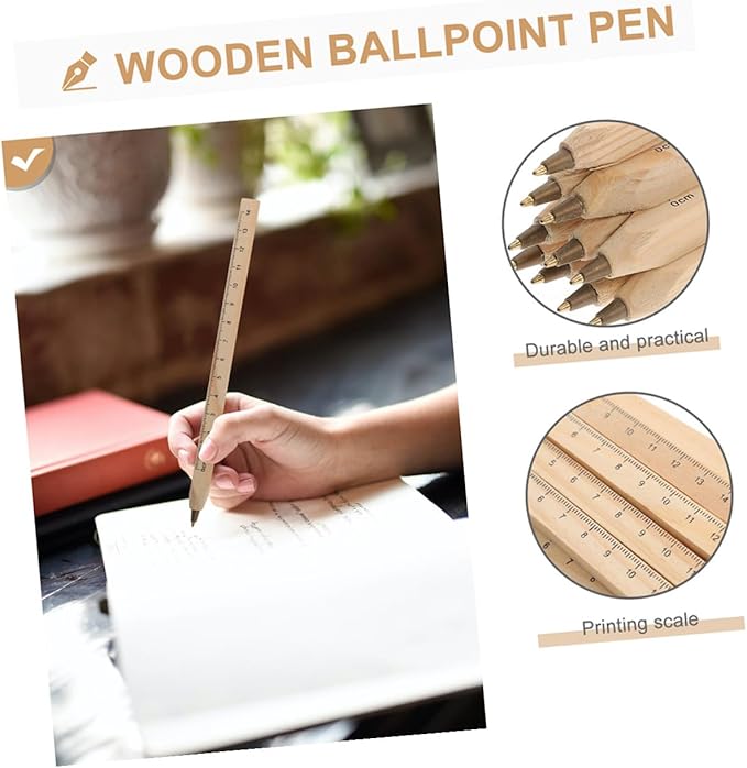 Natural Wood Ballpoint Pens Black, 20pcs Set with Printed Ruler, Biodegradable Solid Wood Carpenter Pens for Woodwork Marking and Office Use