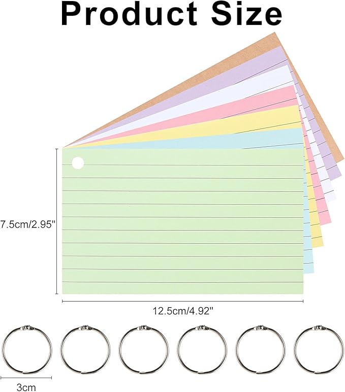 300 Flash Cards for Studying, 6 Pack Lined Index Cards with Key Ring, Multicolor Kraft Notecard for Note-taking, Language Learning, 12.5 * 7.5cm