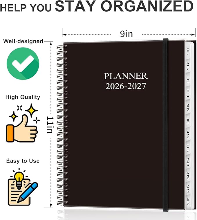 Academic Planner 2026-2027 - Weekly & Monthly Planner from July 2026 to June 2027, Agenda 2026 2027 with Inner Pocket, Elastic Band, 8.5" x 11", Black