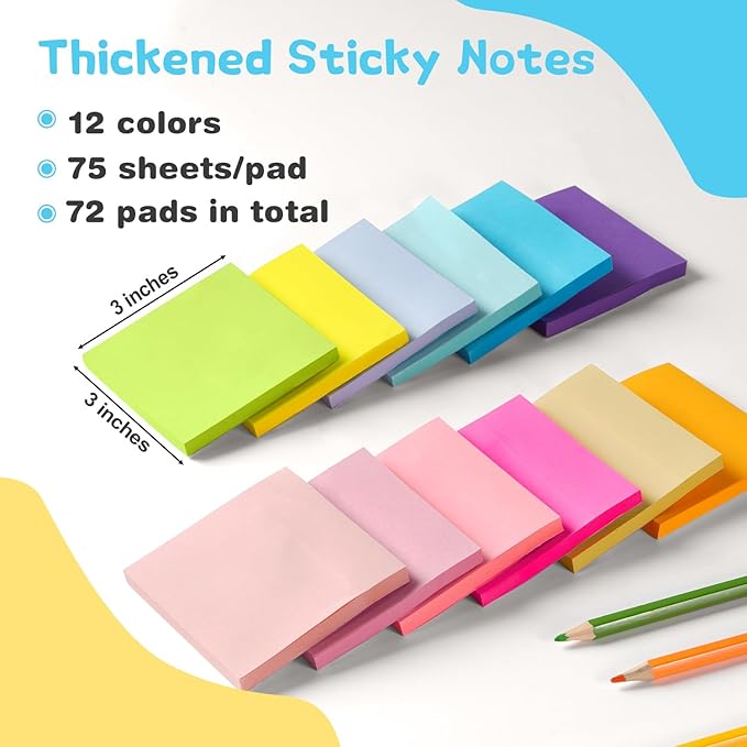 (72 Pads) Sticky Notes Bulk 3x3 Inch - 75 Sheets/Pad, 12 Assorted Colors, Easy to Post for School, Office (5400 Total Sheets)