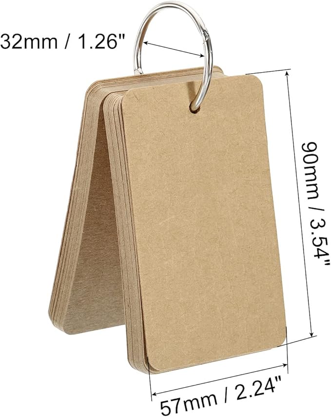 PATIKIL Blank Index Cards with Ring, 300Pcs Blank Flash Card 3.5" x 2" Note Card Study Card for Memory Learning Studying Office Supplies, Brown