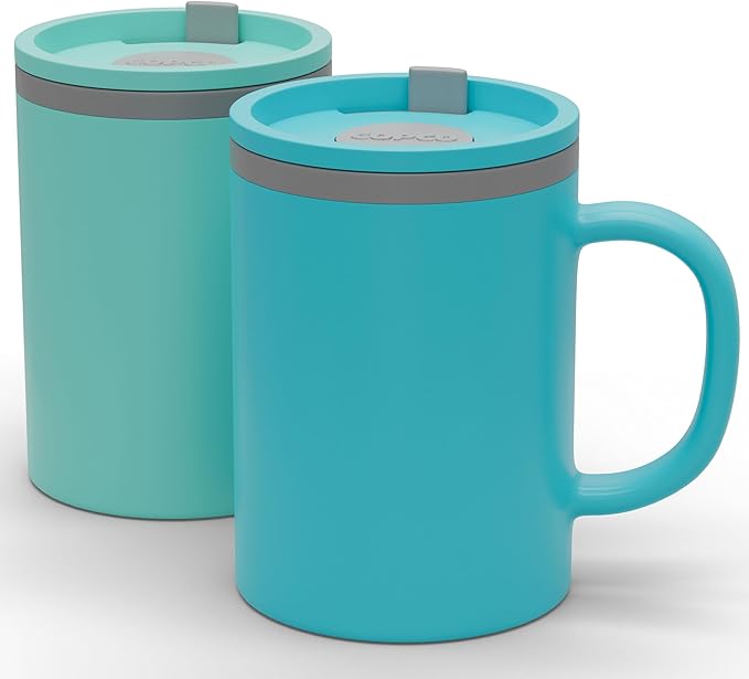 Copco Iconic 16oz Double Wall Insulated Desk Mug with Lid and Handle, Set of 2, BPA-Free Reusable Plastic, Spill-Resistant, Microwave & Dishwasher Safe, Wide Mouth (Aqua/Mint)