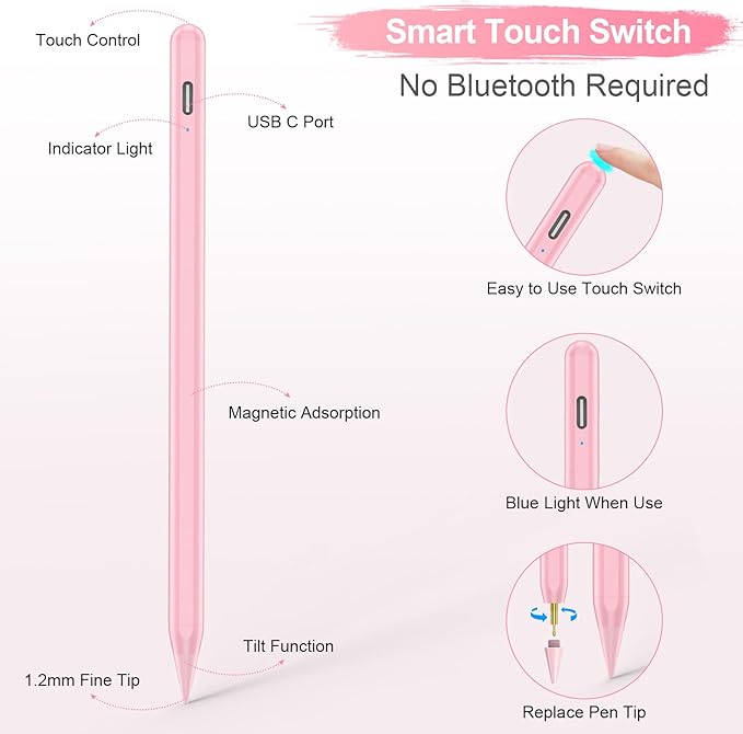 Stylus Pen for iPad A16/10th/9th Generation, 10Mins Fast Charge for Apple Pencil&iPad Pen, Compatible with iPad A16/10th/9th/8th/7th/6th/Pro 13''11''M4/12.9 inch/Air 11'' 13'' M3/M2/Mini 6/5, Pink
