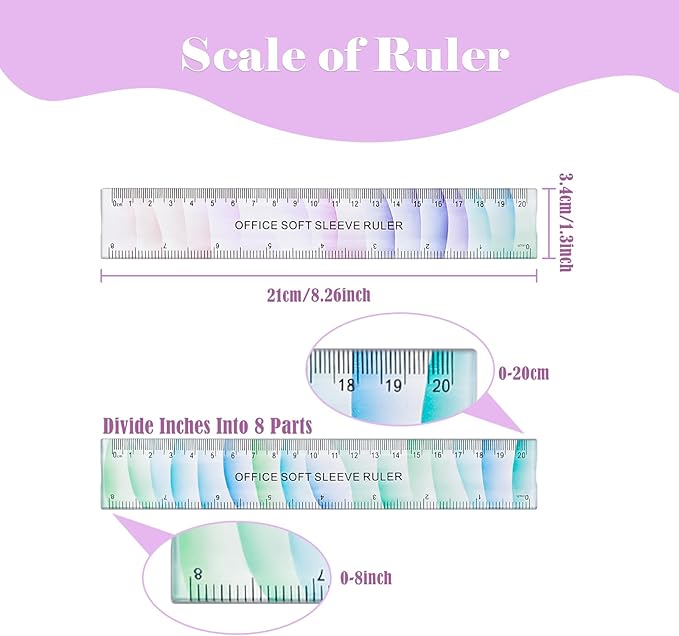 BAYTORY 6Pcs Flexible Plastic Ruler 20 cm /8 Inch, Plastic Ruler for School, Transparent Assorted Color Rulers with Inches and Centimeters, Soft Bendable Rulers for School & Office (20 cm / 8 Inch)