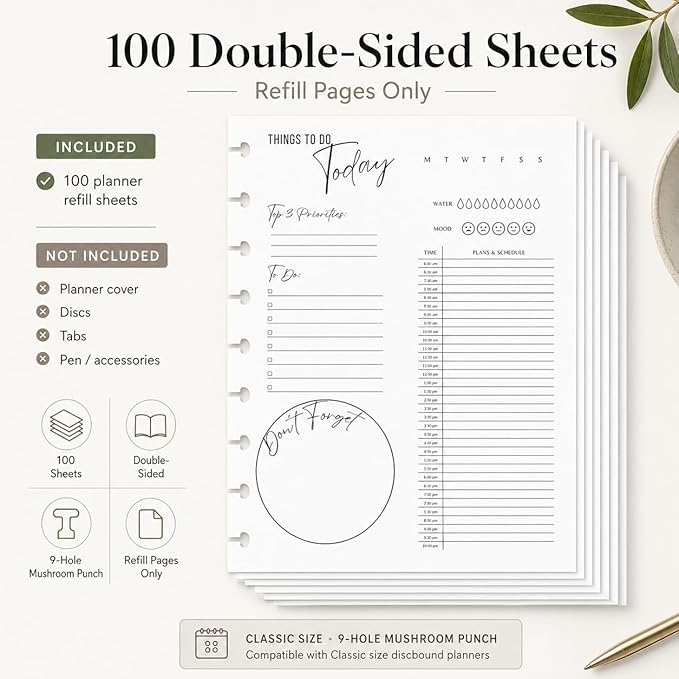 Classic 9-Disc Daily Planner Inserts, Discbound Undated Planner Refill Pages with To Do List, Hourly Schedule & Reminders, 100 Double-Sided Sheets, 100gsm White Paper, 7 x 9.25 in