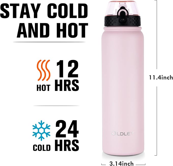 Oldley Insulated Water Bottle 32oz Water Bottles with Straw, Stainless Steel Water Bottle with 3 Lids, Double Wall Vacuum Bottels for Adults Kids, Leak-Proof Sport Bottles for School Travel, Pink