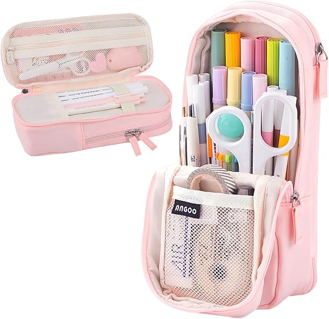 iSuperb Standing Pencil Case 2 Compartments Pencil Pouch Magnetic Mobile Phone Holder Bracket Pen Bag Large Capacity Phone Pouch College Stationery Organizer Storage for Kids Boys Girls