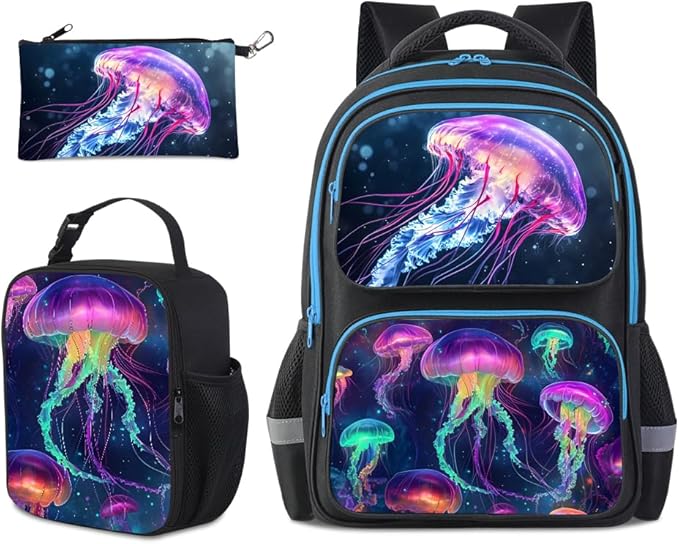HiMagics Kids Backpack for Boys Girls Preschool Kindergarten Backpacks Lightweight Elementary Middle School Bookbag with Lunch Box Set and Chest Strap （Jellyfish）