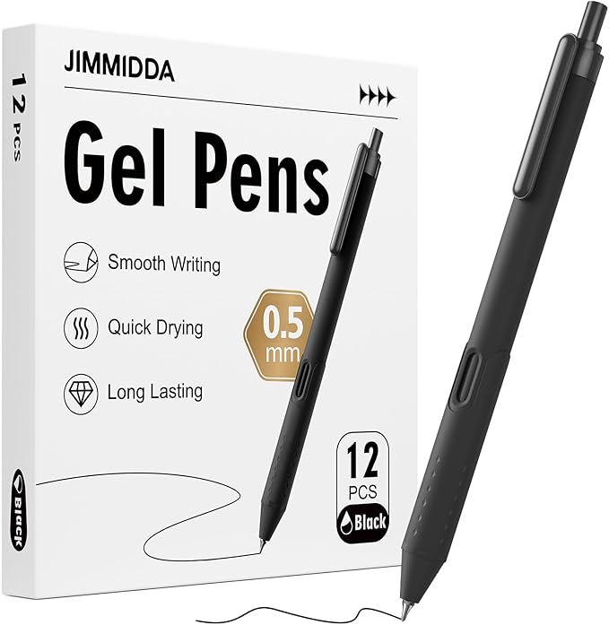 Gel Pens 0.5mm - 12 Pack Smooth Quick-Drying Retractable Black Ink for Journaling