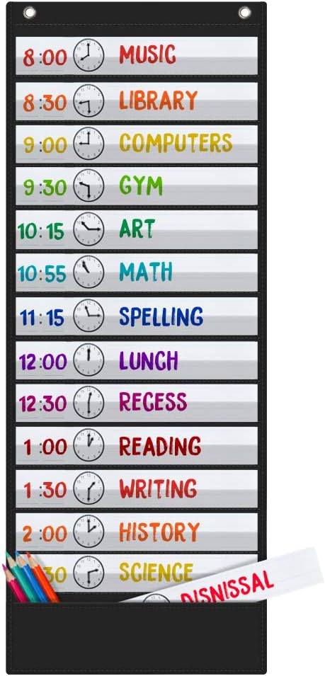 Daily Schedule Pocket Chart, 13+1 Scheduling Pocket Chart with18 Dry-Eraser Cards, Educational Charts for Classroom Office Home Preschool Activity (Black)
