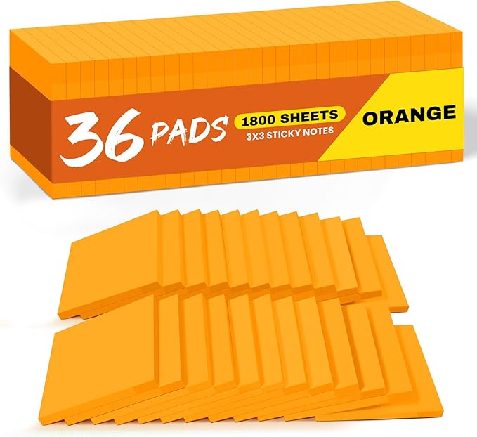 Sticky Notes, 36 Pads, 3x3 Inches Self-Stick Note Pads, Perfect for Office, Study, and Daily Life Organization - Orange