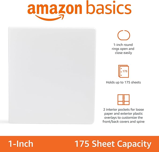 Amazon Basics 3-Ring Binder, 1-Inch, Customizable, with Pockets for Organization, White, 2-Pack
