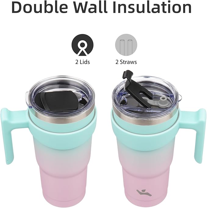 Konokyo 20 oz Tumbler with Handle and 2 Straw 2 Lid, Insulated Water Bottle Stainless Steel Vacuum Cup Reusable Travel Mug,Gum