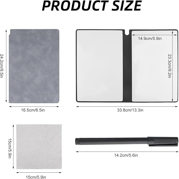 Reusable A5 Dry Erase Notebook Include a Wipeable Pen and Rag,9.4x6.5 Inch Erasable Notebook Whiteboard Notebook,Wipeable Notebook PU Hardcover for Office and Taking Notes(Grey)
