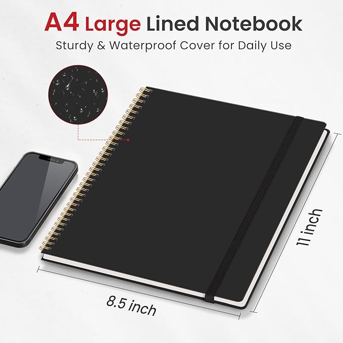 Taja Spiral Lined Notebook, 8.5"x11" Notebooks for Work, 6 Pack, Large A4 Journal for Women & Men, College Ruled Journaling Notebook for Writing, 6 Pcs, Plastic Cover Spiral Journal, Black