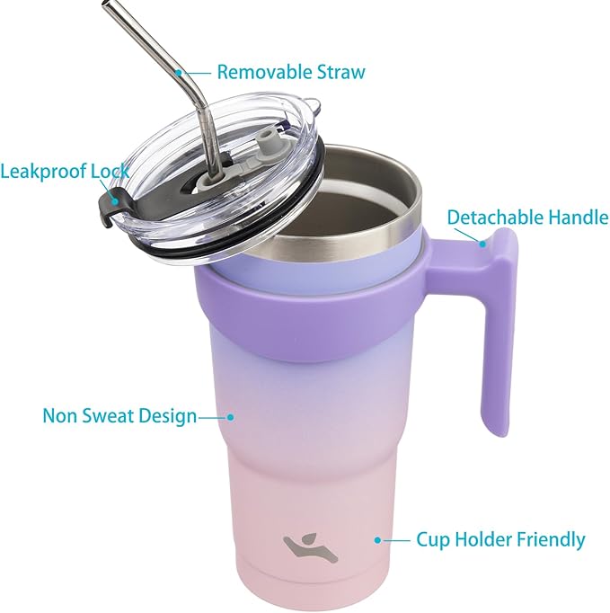 Konokyo 20 oz Tumbler with Handle and 2 Straw 2 Lid, Insulated Water Bottle Stainless Steel Vacuum Cup Reusable Travel Mug,Pastel Sunset