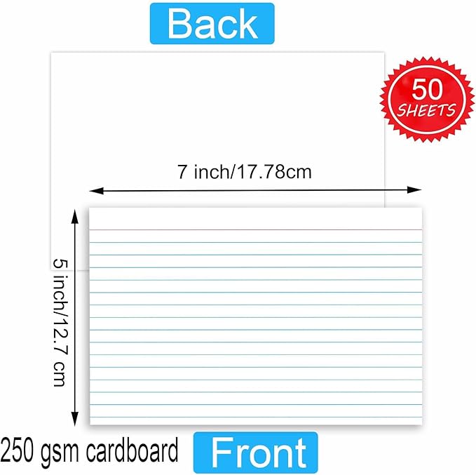 50 Pack 5x7 Ruled Index Cards - White Lined Flash Cards for Studying, Note Taking & Office Organization, Premium Quality Note Cards for School & Work
