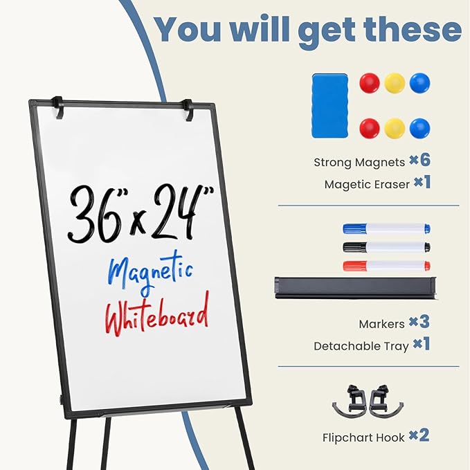 NEWBULIG Magnetic Dry Erase Board 36" x 24", White Board with Adjustable Stand, Heavy-Duty Aluminum Frame & Accessory Tray for Office, Classroom, Home & Presentations, Black