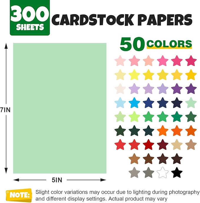 TUXIYA 300 Sheets 5" X 7" Colored Cardstock, 50 Assorted Colors Construction Paper Card Stock Printer Paper for Printing, Card Making, DIY Crafts,School Supplies,Party Decorations (180GSM/65LB)