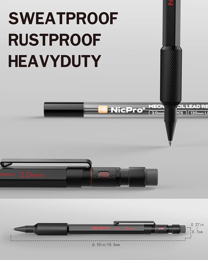 Nicpro 2mm Mechanical Pencils Set with Case, 12 Black & Colored Lead Refills, Erasers - MP2000 Weatherproof Metal Lead Holder, Heavy Duty Carpenter Pencil For Writing, Drawing, Woodworking